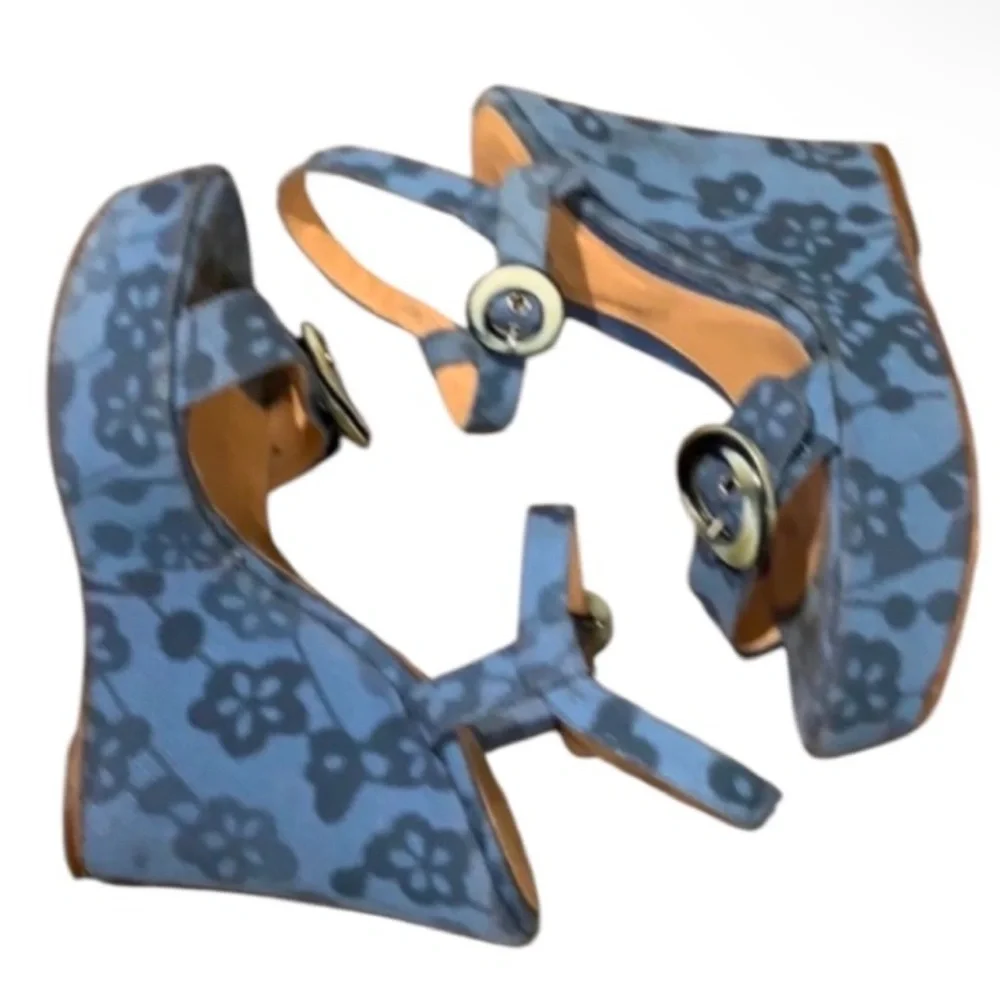 Authentic Sergio Rossi luxury designer denim blue floral canvas wedges sz 6.5